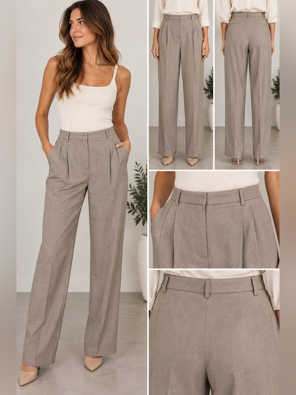 H&M Wide-Leg High-Rise Pants in Taupe